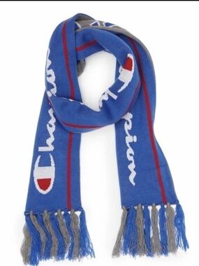 Champion Since 1919‎ Reversible Knit Scarf Blue Gray Logo Winter Fringe 64”